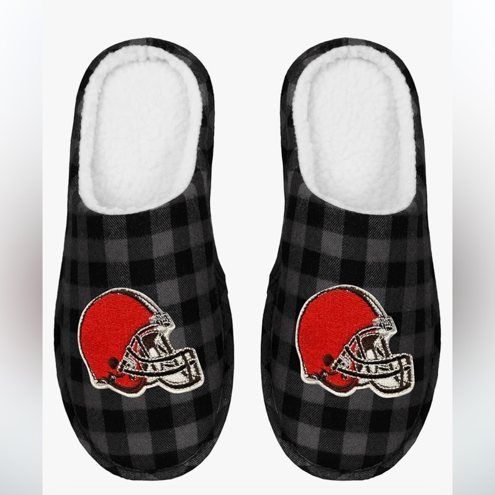 Men's NFL Sherpa Lined Buffalo Check Memory Foam Slippers Cleveland Browns Sz XL